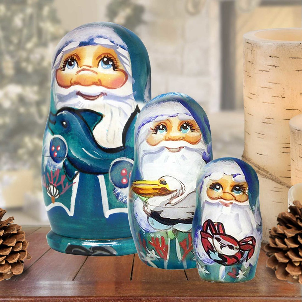Mr. Santa of Sea Matreshka Nesting Hand-Painted Doll Set of 5 by G. DeBrekht - Coastal Holiday Decor - 110165