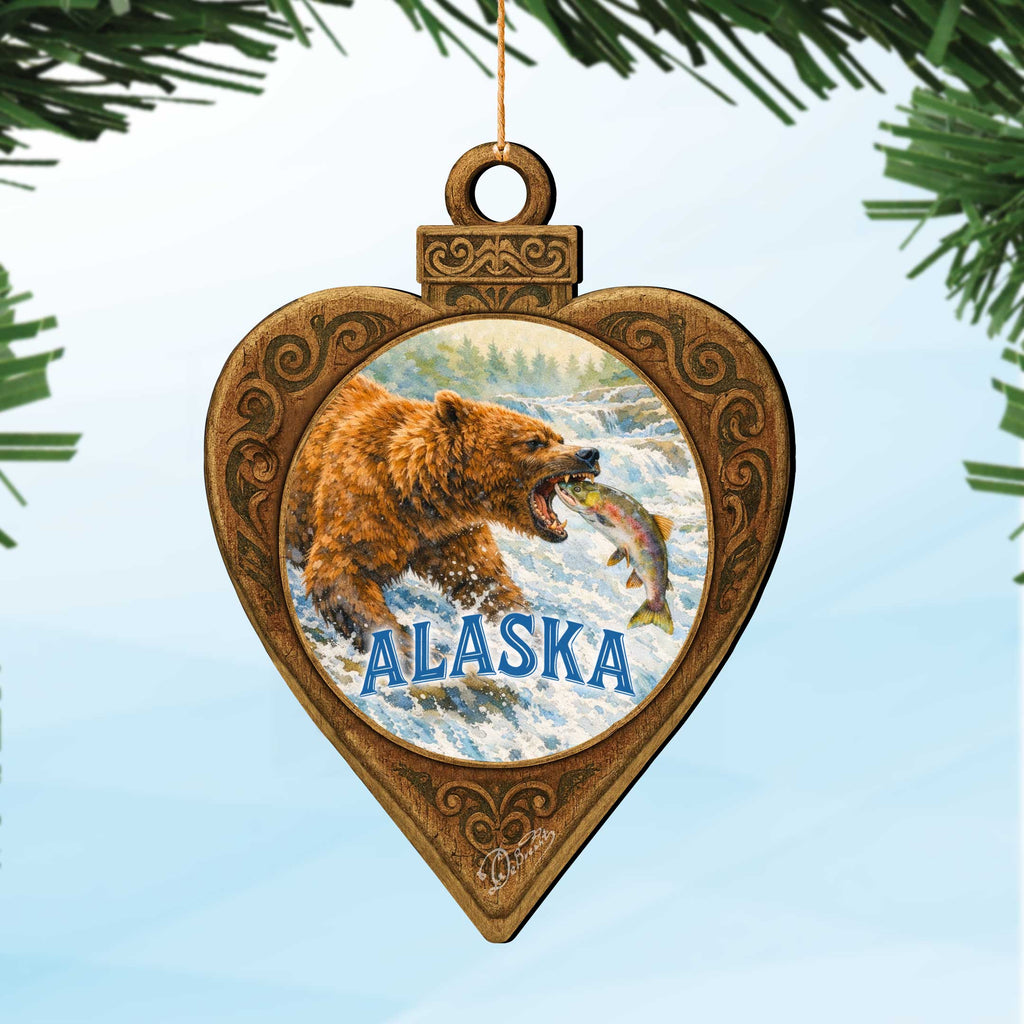 Alaska Grizzly Bear & Salmon Wooden Christmas Ornament – Wildlife Souvenir Ornament by G. DeBrekht – 8701069