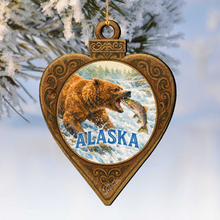 Alaska Grizzly Bear & Salmon Wooden Christmas Ornament – Wildlife Souvenir Ornament by G. DeBrekht – 8701069