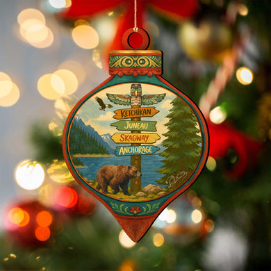 Alaska Bear & Totem Wooden Christmas Ornament – Ketchikan Juneau Skagway Anchorage Souvenir by G. DeBrekht – 8701071