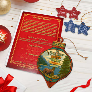Alaska Bear & Totem Wooden Christmas Ornament – Ketchikan Juneau Skagway Anchorage Souvenir by G. DeBrekht – 8701071