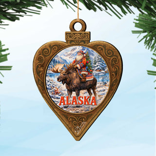 Alaska Santa Riding Moose Wooden Christmas Ornament – Alaskan Holiday Souvenir by G. DeBrekht – 8701073