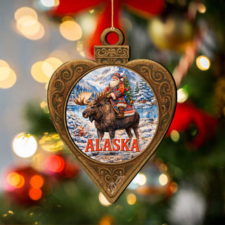 Alaska Santa Riding Moose Wooden Christmas Ornament – Alaskan Holiday Souvenir by G. DeBrekht – 8701073