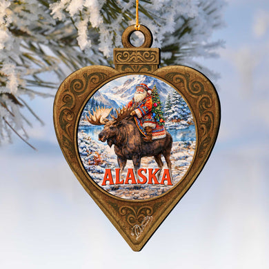 Alaska Santa Riding Moose Wooden Christmas Ornament – Alaskan Holiday Souvenir by G. DeBrekht – 8701073
