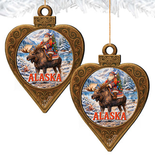 Alaska Santa Riding Moose Wooden Christmas Ornament – Alaskan Holiday Souvenir by G. DeBrekht – 8701073