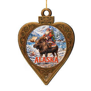 Alaska Santa Riding Moose Wooden Christmas Ornament – Alaskan Holiday Souvenir by G. DeBrekht – 8701073