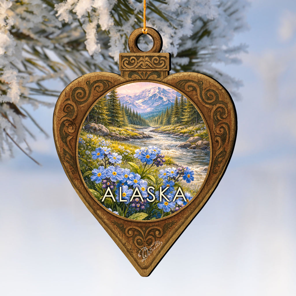 Alaska Forget-Me-Not Heart Keepsake Wooden Ornament – Alaska Wildlife Décor by G. DeBrekht - Wildlife Holiday Décor - 8710149
