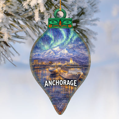 Anchorage Alaska Northern Lights Wooden Ornament – The Great Land Wildlife Décor by G. DeBrekht - Wildlife Holiday Décor - 8710166
