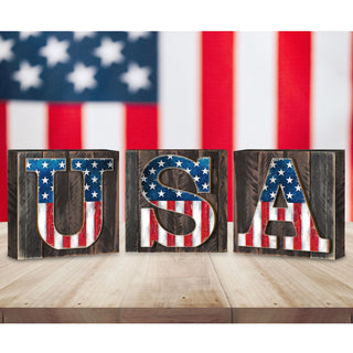 American Patriotic USA Letters Set of 3 Wall Block - American Patriotic Decor - 8185302-2B-S3