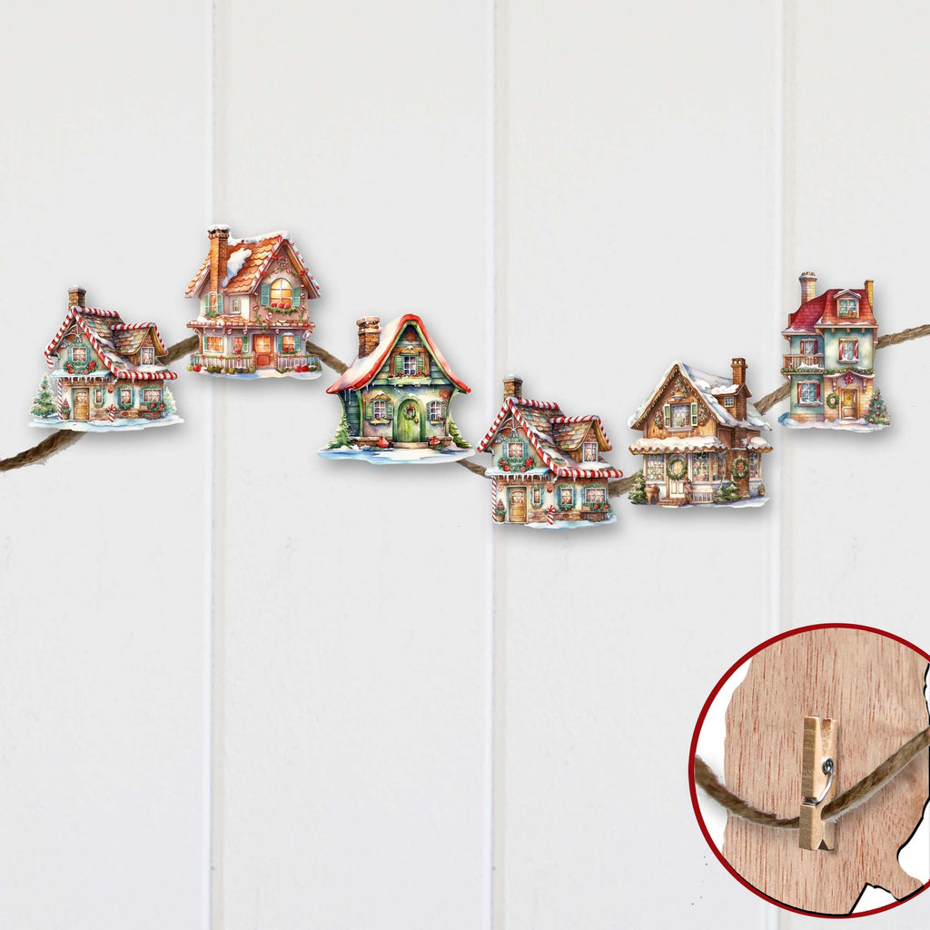 Christmas Houses Clip-On Eco Wood Decorative Ornaments Set of 6 by G. Debrekht - Christmas Decor - 8090024C-S6