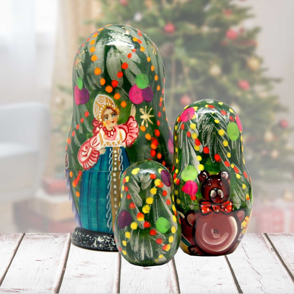Christmas Tree and Snowmaiden Matreshka Nesting Hand-Painted Dolls Set of 3 by G. DeBrekht - Christmas Decor - 110151L