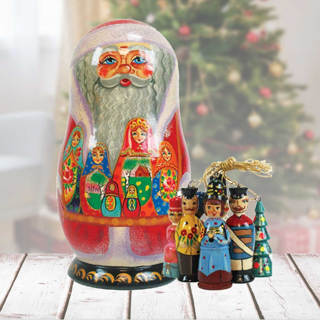 Matreshka Hand-Painted Doll with Set of Wooden Ornaments by G. DeBrekht - Christmas Decor - 110716