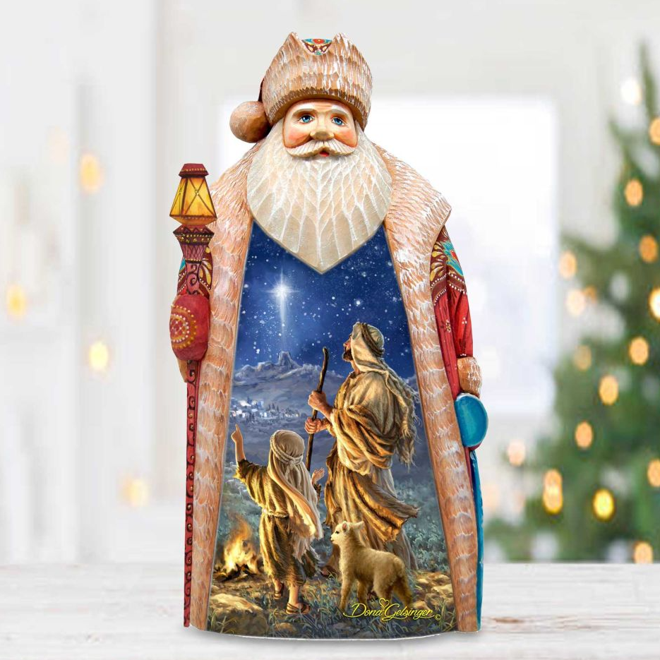Santa Claus figurine with a starry night sky background, holding a lantern and accompanied by two children.