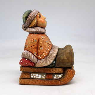 One-of-a-Kind Boy on Sleigh WOODCARVED Figurine 5x3.5x2.5