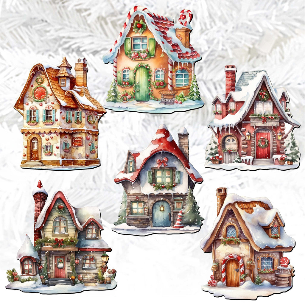 Christmas Houses Clip-On Eco Wood Decorative Ornaments Set of 6 by G. Debrekht - Christmas Decor - 8090024C-S6