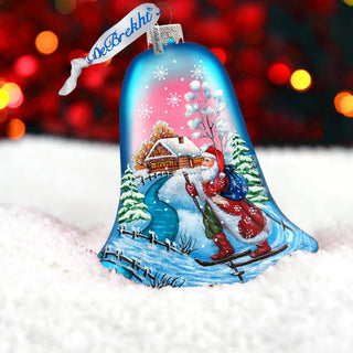 Santa on Ski Bell Glass Ornament by G. DeBrekht - Christmas Santa Snowman Decor - 73342