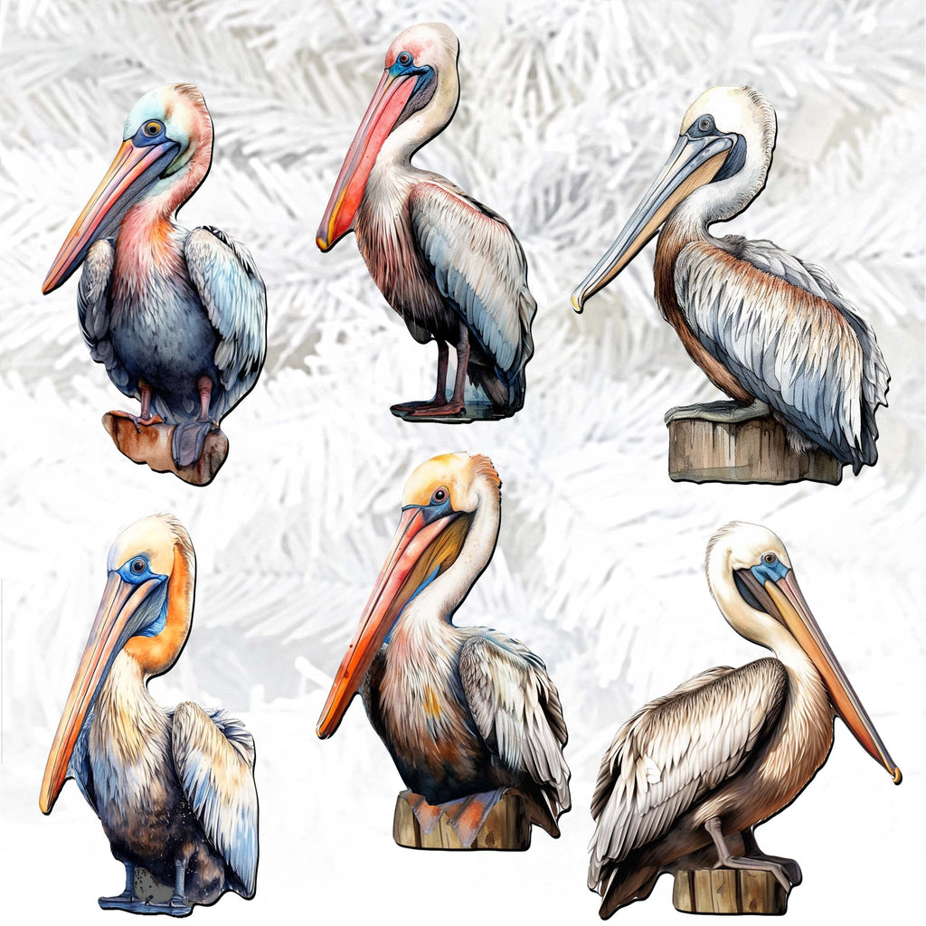 Pelicans Clip-On Eco Wood Decorative Ornaments Set of 6 by G. Debrekht - Christmas Decor - 8090014C-S6