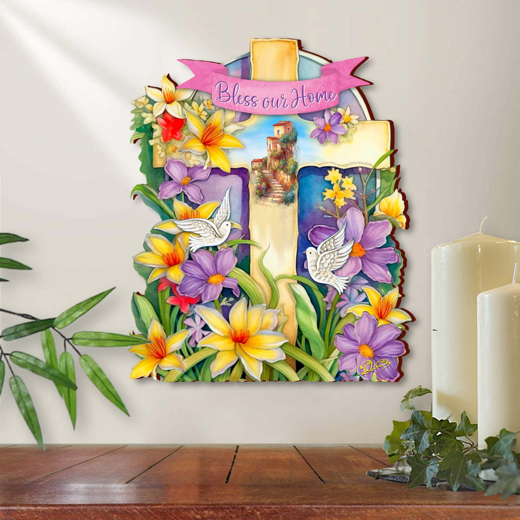 Bless Our Home Wooden Cross by G. Debrekht - Easter Spring Décor - 88161