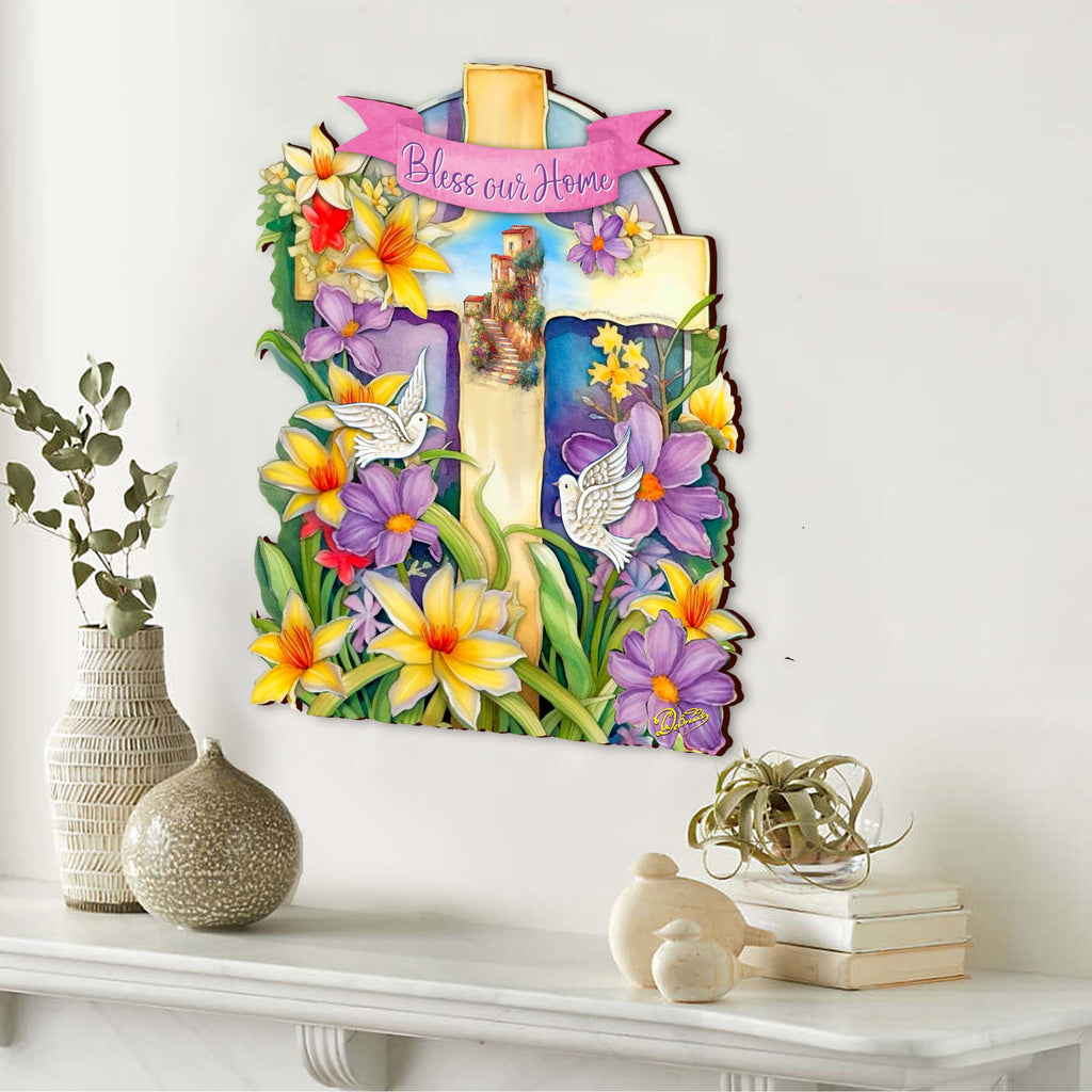 Bless Our Home Wooden Cross by G. Debrekht - Easter Spring Décor - 88161
