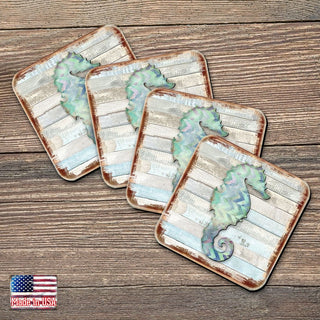 Seahorse Coastal Wooden Cork Coasters Gift Set of 4 by Nature Wonders - Coastal Sea-Life Decor - 8198517-2-9C-S4