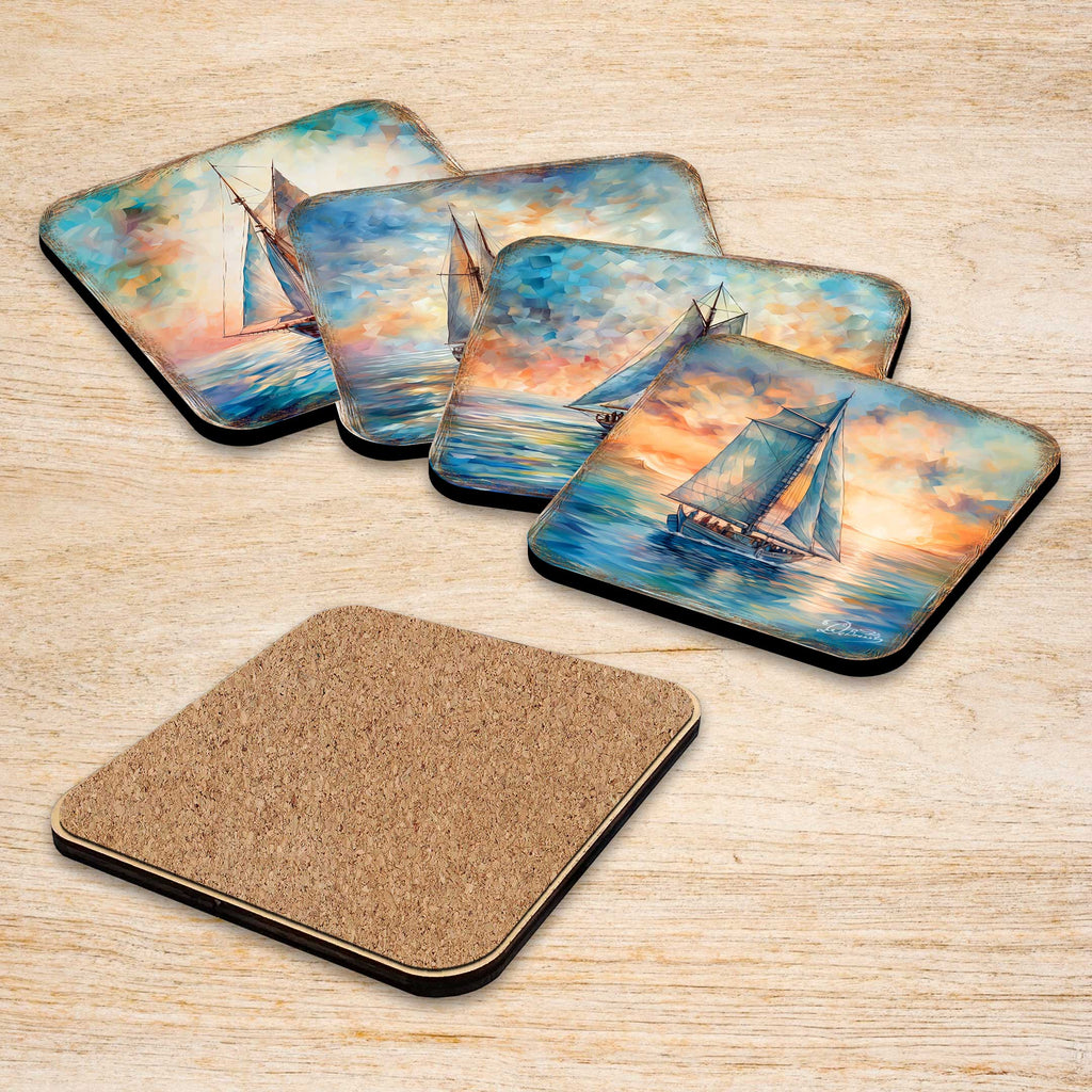 Sail Boats Wooden Cork Coasters Gift Set of 4 by G. Debrekht - Coastal Holiday Decor - 8199450-2C-S4