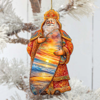 Santa's Tropical Surf Ride Wooden Ornaments by G. Debrekht - Christmas Santa Snowman Decor - 8691413