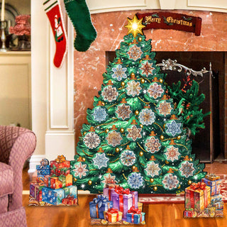 A large, colorful Christmas tree decorated with ornaments and lights stands in a living room, surrounded by wrapped gifts and a fireplace.