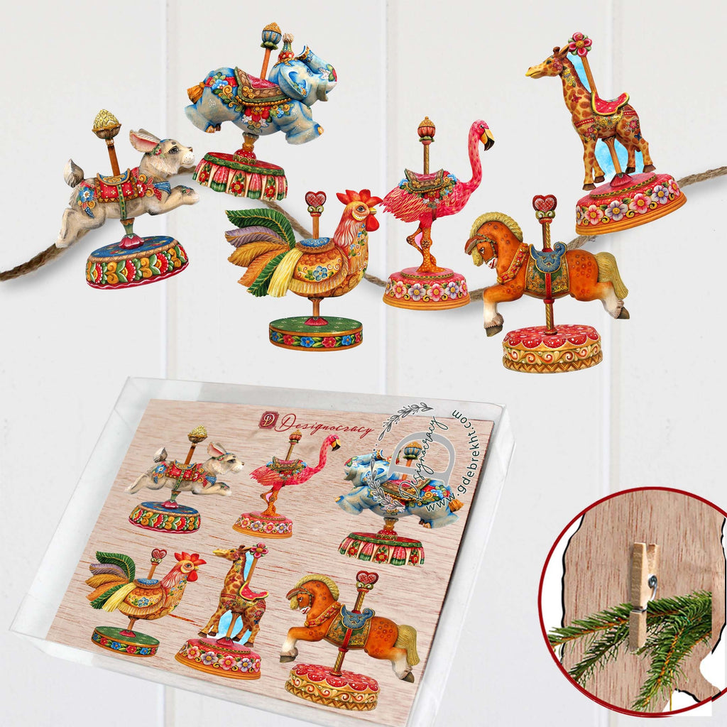 Carousel Clip-On Eco Wood Decorative Ornaments Set of 6 by G. Debrekht - Christmas Decor - 8090137C-S6