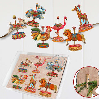 Carousel Clip-On Eco Wood Decorative Ornaments Set of 6 by G. Debrekht - Christmas Decor - 8090137C-S6