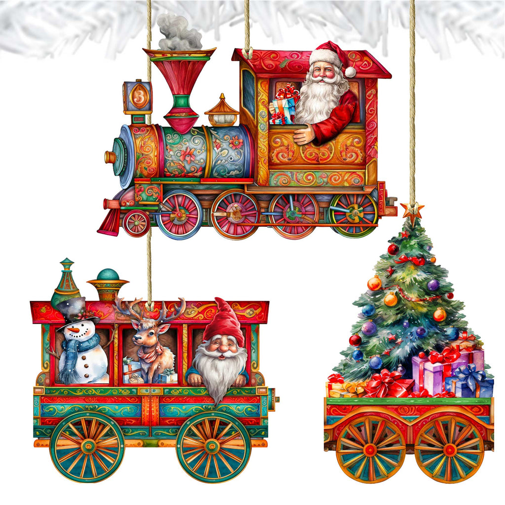 Santa's Train Wooden Ornaments Set of 3 by G. Debrekht - Christmas Decor - 8100199S3