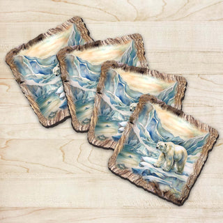 Polar Bear Wooden Cork Coasters Gift Set of 4 by Nature Wonders Nature Wildlife Decor - 95400C-S4
