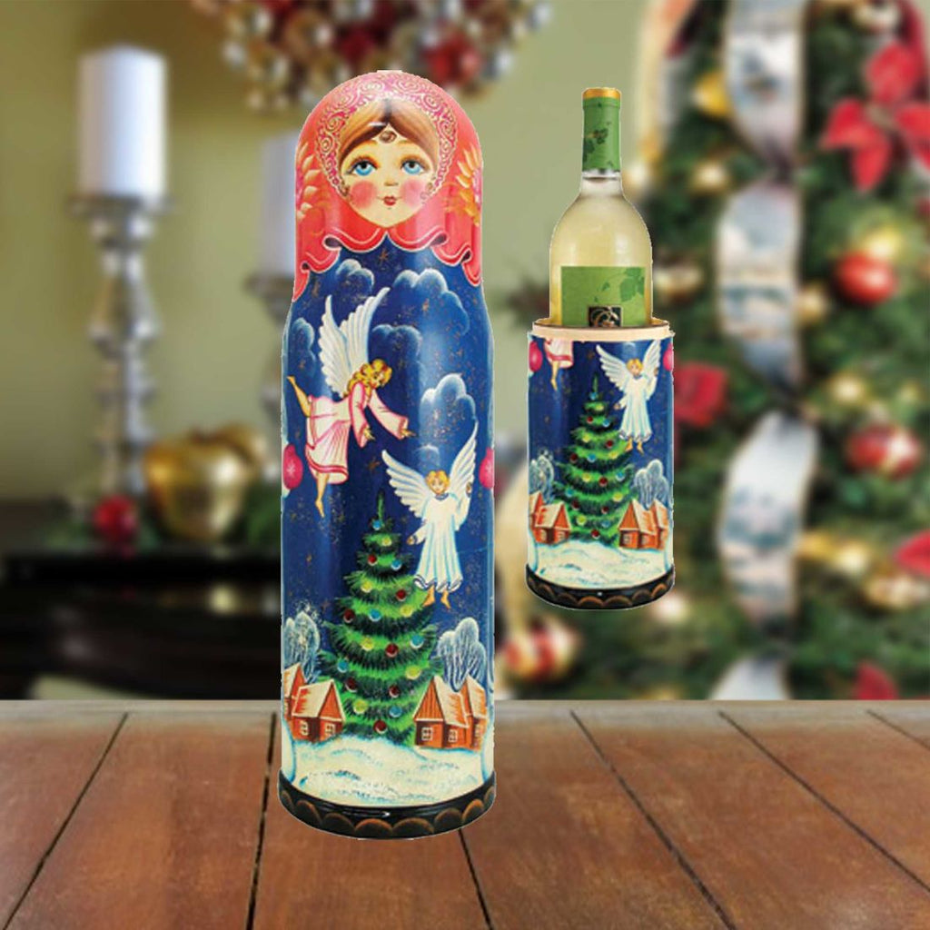 Angels Hand-Painted Wooden Bottle Holder, Wine Box, Tall Gift Box by G. DeBrekht - Christmas Decor - 190508