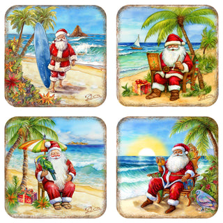 Santa on the Beach Wooden Cork Coasters Gift Set of 4 by G. Debrekht - Santa Christmas Decor - 8199441C-S4