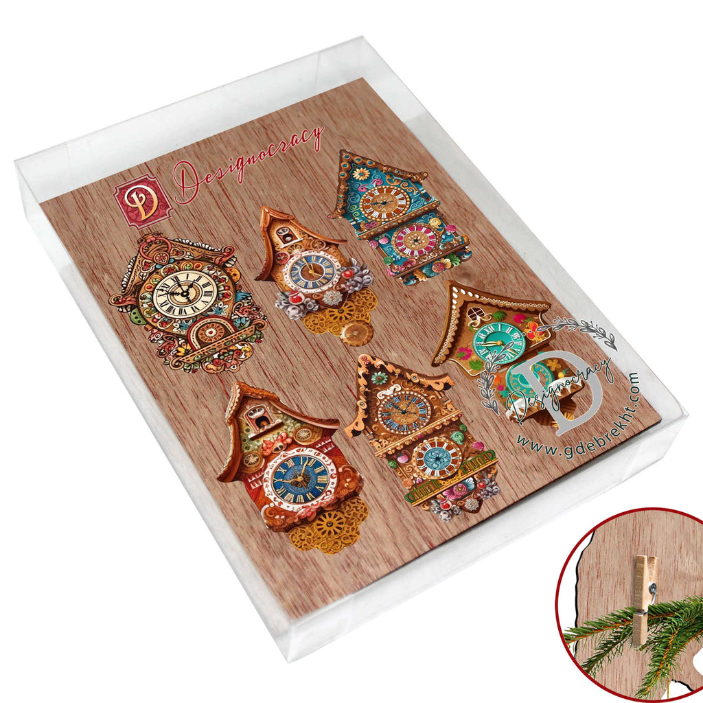 Miniature clock Clip-On Eco Wood Decorative Ornaments Set of 6 by G. Debrekht - Christmas Decor - 8090020C-S6