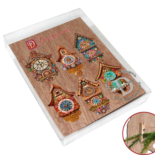 Miniature clock Clip-On Eco Wood Decorative Ornaments Set of 6 by G. Debrekht - Christmas Decor - 8090020C-S6