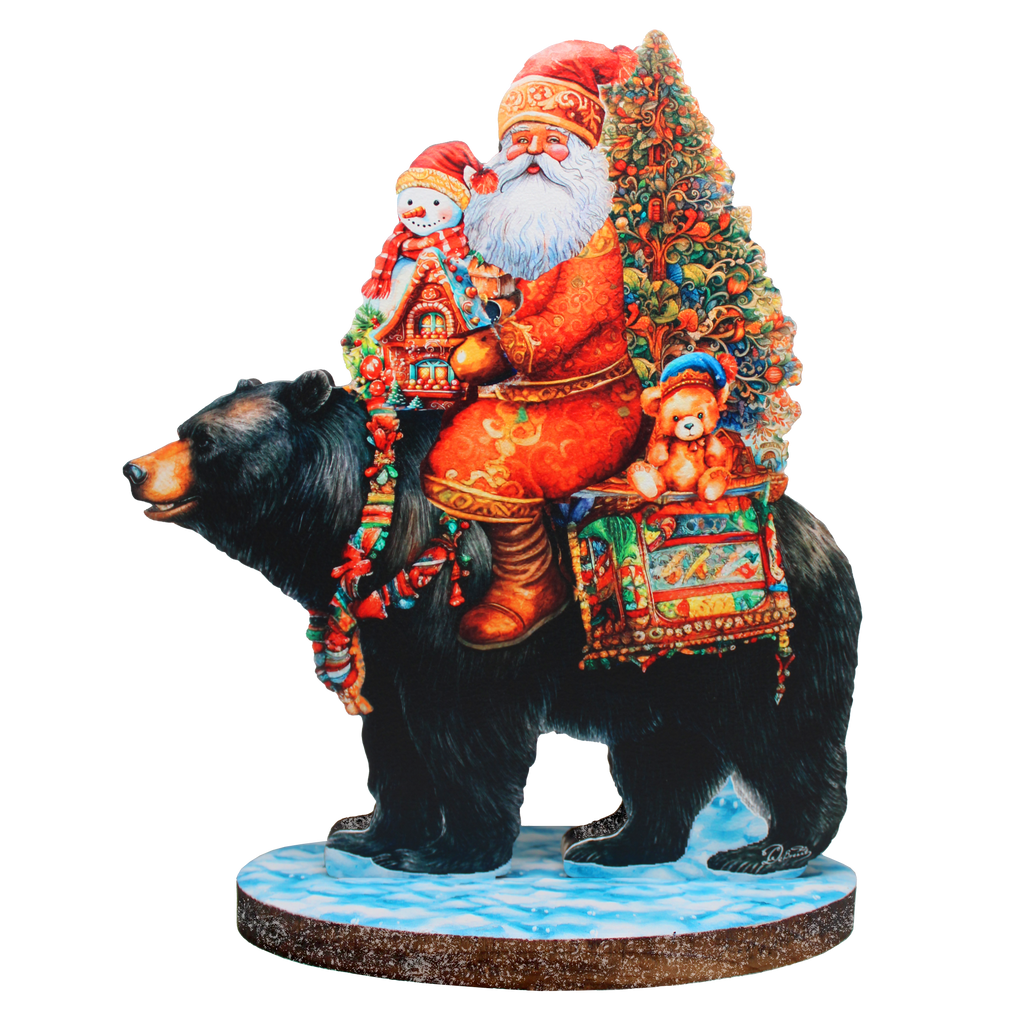 Santa Claus and Black Bear Limited Edition Wooden Figurine by G. Debrekht - Christmas Centerpiece Decoration - 89315