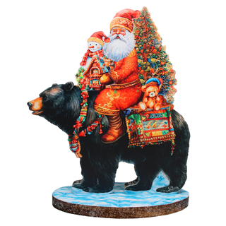 Santa Claus and Black Bear Limited Edition Wooden Figurine by G. Debrekht - Christmas Centerpiece Decoration - 89315