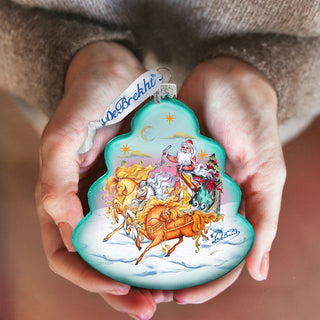 Sleigh Ride Tree Glass Ornament by G. DeBrekht - Christmas Santa Snowman Decor - 762-018