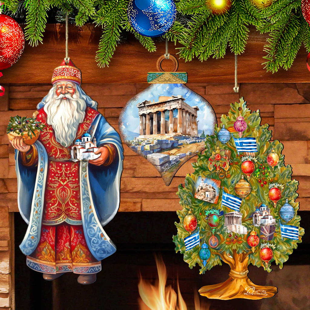 Santas Around the World - Greece Inspired Santa - Eco Wood Ornaments Set of 3 by G. DeBrekht Christmas Santa Snowman Decor - 8091316S3