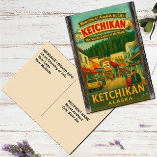a vintage-style postcard with a colorful illustration of a town, along with text that reads