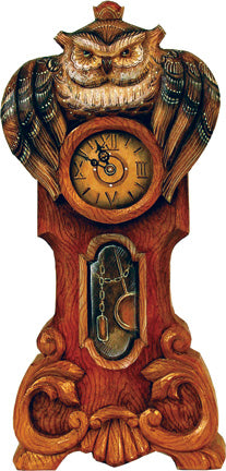 A wooden clock with an owl design on top, featuring Roman numerals and a pendulum mechanism.