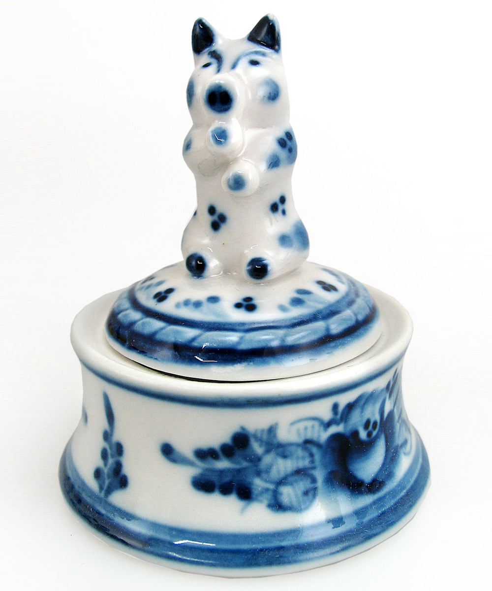 Little Blue Pig Harvest Gzhel Bowl Box with Lid Hand-Painted Fine Porcelain by G DeBrekht, Unique Hand Carved Gift