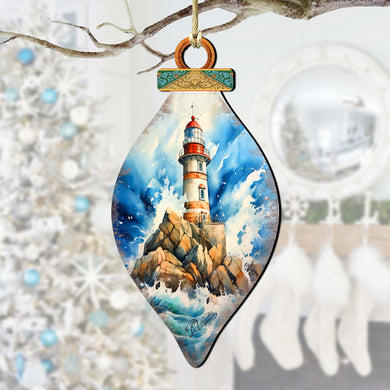 Wooden Christmas Tree Decorations - Lighthouse Wooden Ornaments by G.Debrekht Coastal Holiday Decor - 8688177
