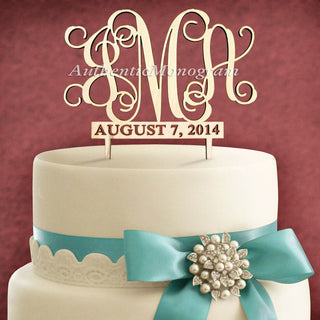 Wedding Cake Topper - Wooden Unpainted Cake Topper with 2 Custom MONOGRAMS 3 Letter Monogram & Date to REMEMBER (4114