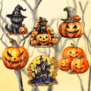 Spooky pumpkins Clip-On Eco Wood Decorative Ornaments Set of 6 by G. Debrekht - Halloween Decor - 8090019C-S6