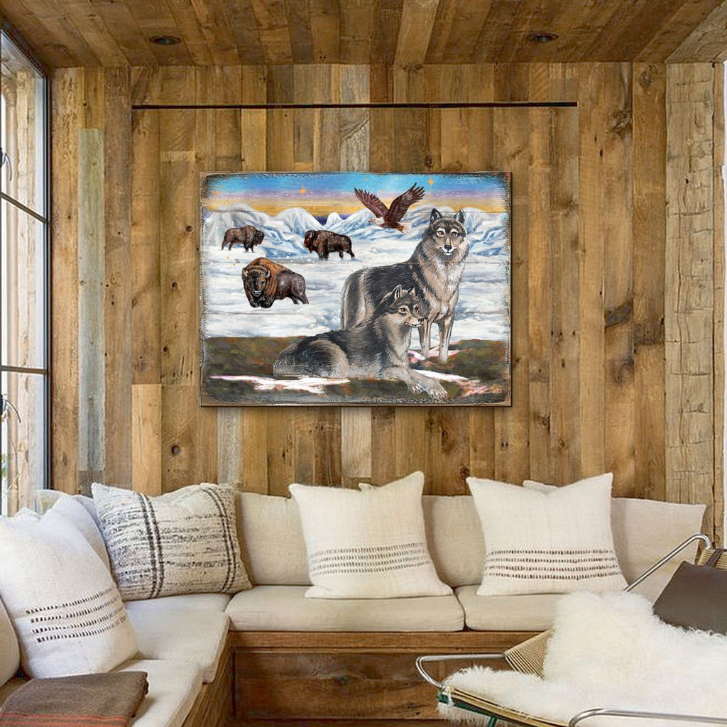 Winter Wolves Art Wooden Wall Art by Nature Wonders - Nature Wildlife Decor - 95222B