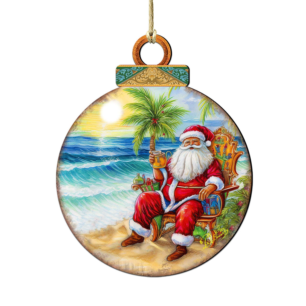 Coastal Christmas Decor - Sunset with Santa Wooden Ornaments by G. Debrekht Coastal Holiday Decor - 8688183