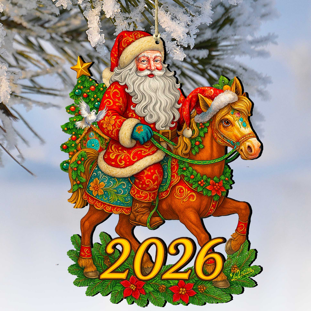 A Christmas ornament depicting Santa Claus riding a horse, with the year