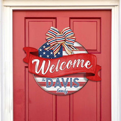 Front door welcome sign Custom name American flag porch wreath Main entrance Family Welcome sign - Wooden front porch decor - 933103HC