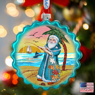 Santa with Shells Wreath Glass Ornament by G. DeBrekht - Coastal Holiday Decor - 759-041